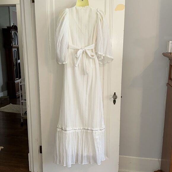 Vintage 70s Jack Kramer White V Neck Crinkle Cloth Flutter Sleeve Maxi Dress - Picture 6 of 8